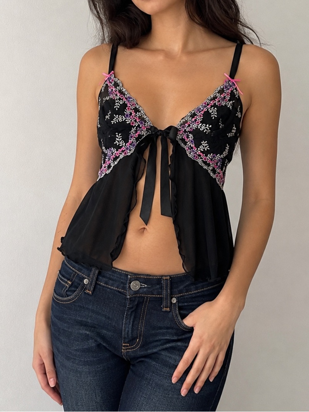 Playboy Lingerie Open Front Sheer Mesh Cami Top Tie Embroidered Floral Coquette
